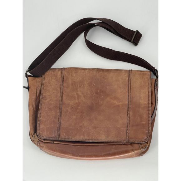 Fossil Leather Messenger Bag Brown Shoulder Strap‎ Commuter Distressed